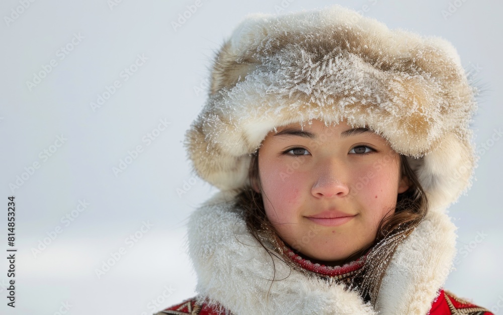 A girl wearing a fur hat and a red and white jacket. She is smiling and looking at the camera A girl wearing a fur hat and a red and white jacket. She is smiling and looking at the camera