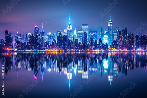 A glistening city skyline illuminated against the night sky, with dazzling lights reflecting in the calm waters of an urban river.