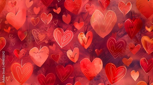 Vibrant Red and Pink Heart Shapes Forming Seamless Romantic Abstract Pattern photo