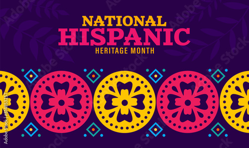 Ethnic ornament of national hispanic heritage month festival banner. Mexican and spanish culture holiday vector poster with latino arts pattern, papel picado flags garland, tropical flowers and plants