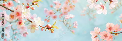 colorful sakura flower pattern on blue background featuring pink, white, and pink - and - white flowers © YOGI C