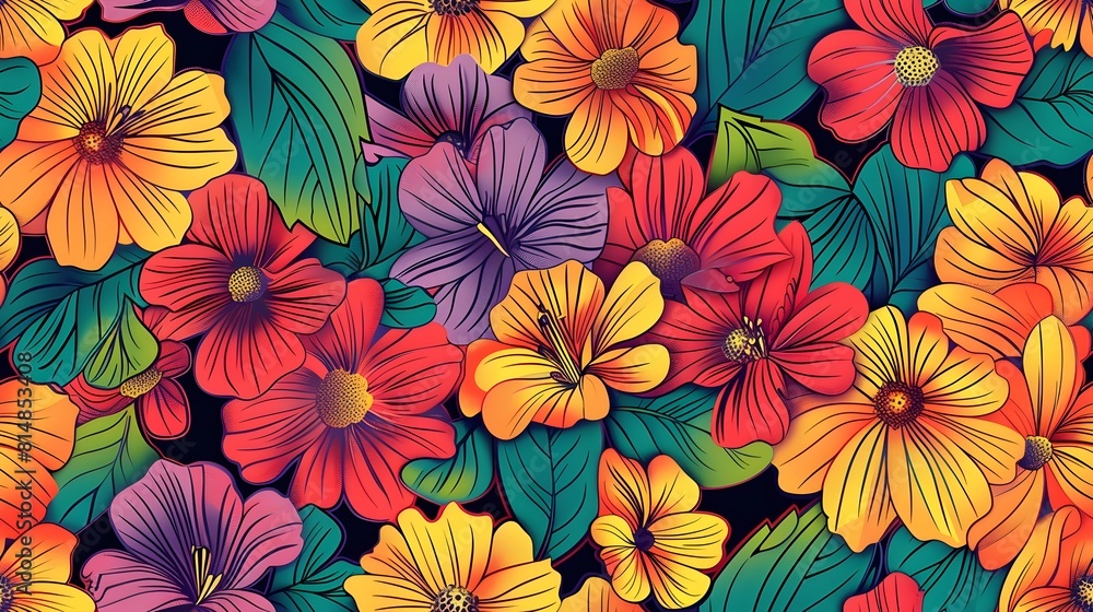 Vibrant Tropical Floral Bloom Background with Colorful Blossoms and Lush Foliage