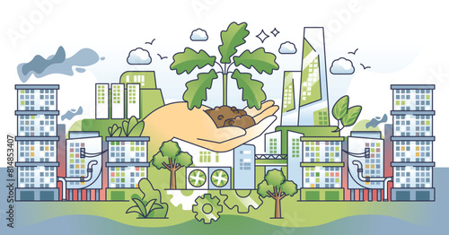 Clean air initiative for sustainable city climate outline hands concept. CO2 emissions and carbon pollution level monitoring and oxygen production with green and lush tree planing vector illustration
