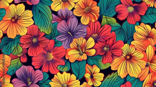 Vibrant Tropical Floral Bloom Background with Colorful Blossoms and Lush Foliage