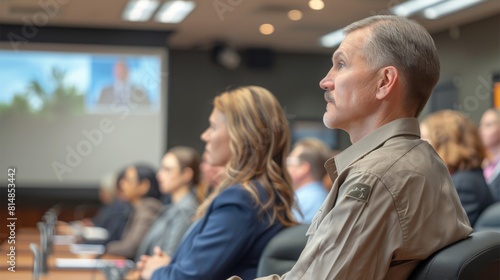 Varied group of professionals actively engaged in a corporate conference, attentively watching a speaker on the screen