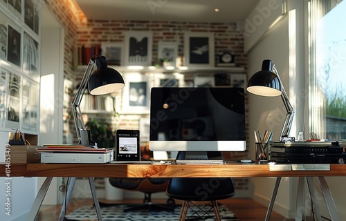 Welllit designer's studio featuring a computer, tablet, turntable, and inspirational brick wall, cultivating a productive and stylish atmosphere