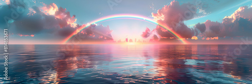 Serene Coastal Sunset: Stunning Rainbow Reflection on Calm Waters, Uniting Sea and Sky Photo Realistic Concept