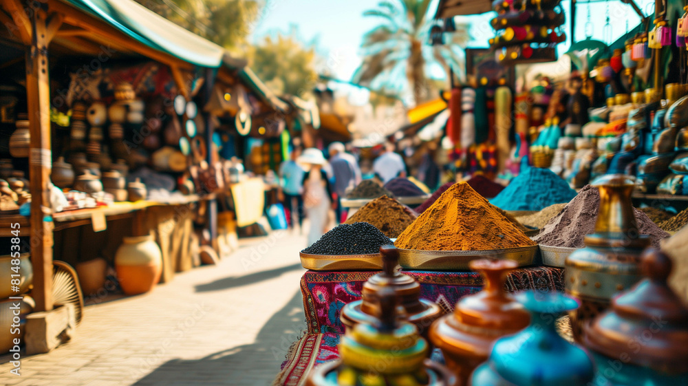 A bustling marketplace in an exotic destination, filled with vibrant stalls selling spices, textiles, and handmade crafts, real photo, stock photography