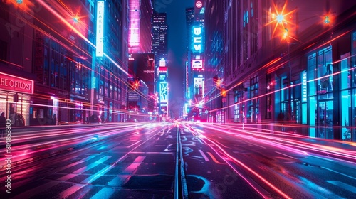 Generate a visually captivating urban scene featuring neon lights