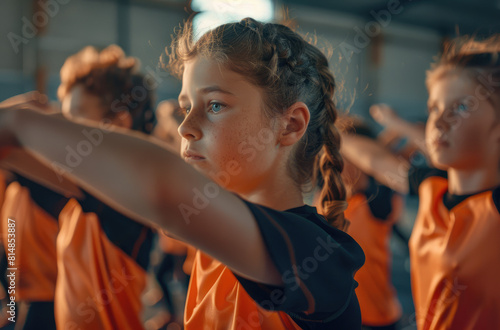 happy children stretching in an indoor gym, wearing orange and black sports wear with short sleeves, bright daylight lighting