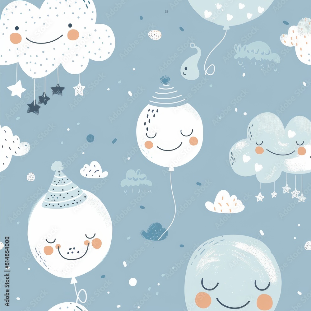 Eco-friendly fabric design, hand-drawn baby boys and soft clouds on a peaceful birthday blue background, perfect for baby textiles and wallpapers Eco-friendly fabric design, hand-drawn baby boys and soft clouds on a peaceful birthday blue background, perfect for baby textiles and wallpapers