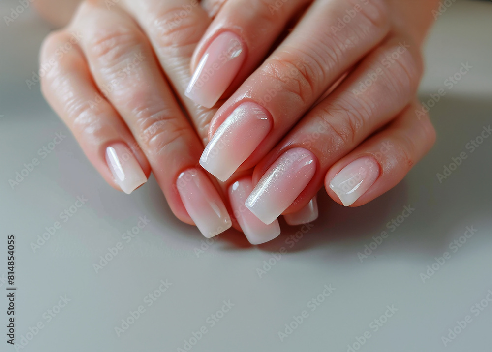 Delicate pale pink gel polish on long, square nails, capturing the light and creating a soft, ethereal glow Delicate pale pink gel polish on long, square nails, capturing the light and creating a soft, ethereal glow