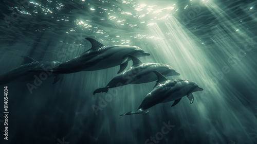  A dynamic underwater scene as light filters through moving water, creating a dance of colors and light on a group of swimming dolphins.  © mosesvanya