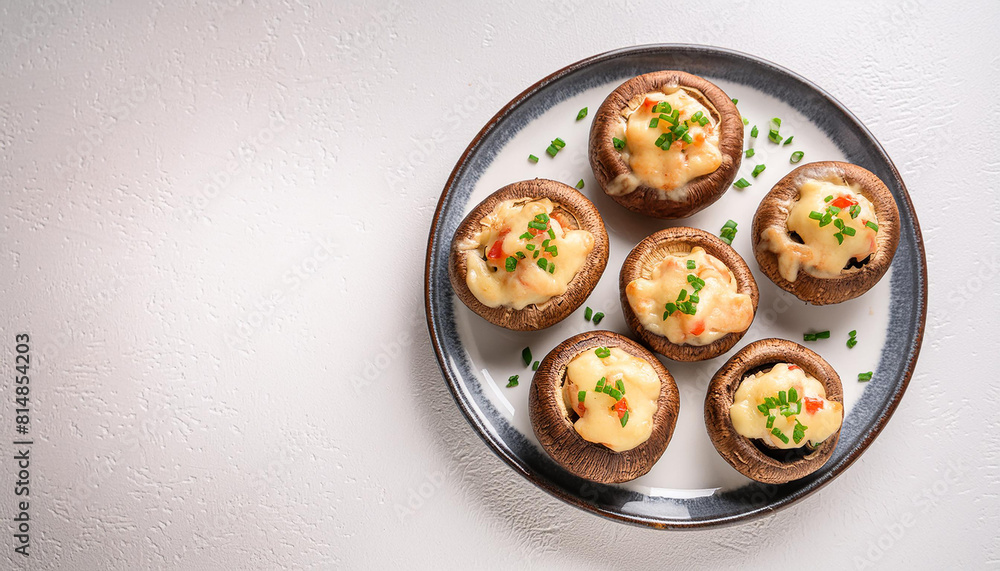 Plate of baked stuffed mushrooms with cheese and herbs. Tasty food for dinner. Delicious snack. Plate of baked stuffed mushrooms with cheese and herbs. Tasty food for dinner. Delicious snack.