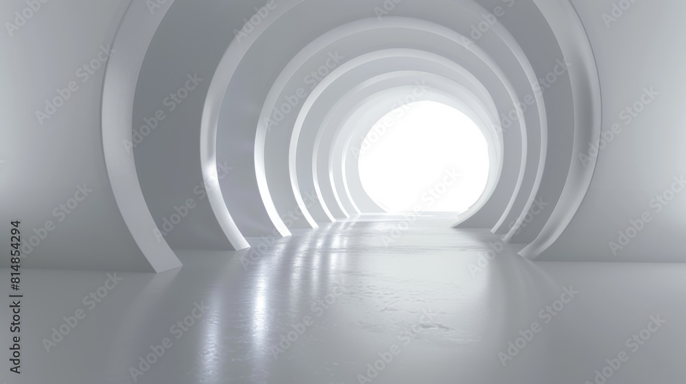Fototapeta premium A captivating perspective of a futuristic tunnel designed with repeated arched structures in a serene white setting.