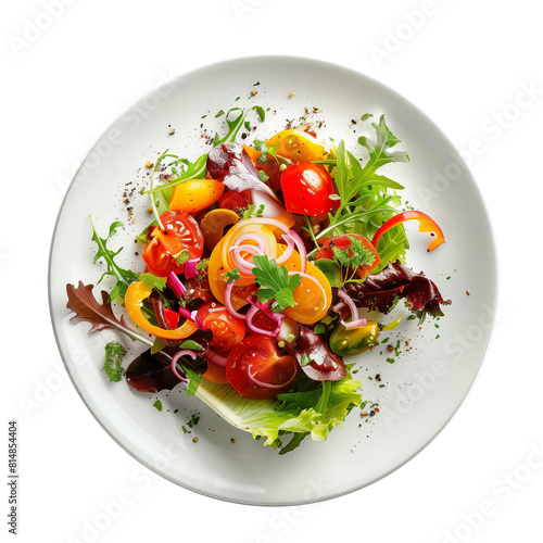 Exquisite mixed vegetable salad on a white plate featuring an array of vibrant tomatoes, fresh greens, and thin onion slices, seasoned with herbs and spices for a delightful dining experience