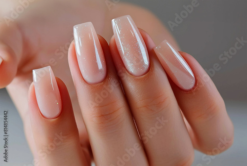 Close-up of elegant hands showcasing long, square nails adorned with a shimmering pale pink gel polish