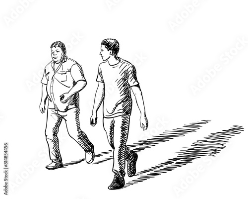 Hand drawing of two walking men, father and son, casting a long shadow, Vector sketch isolated, Hand drawn illustration
