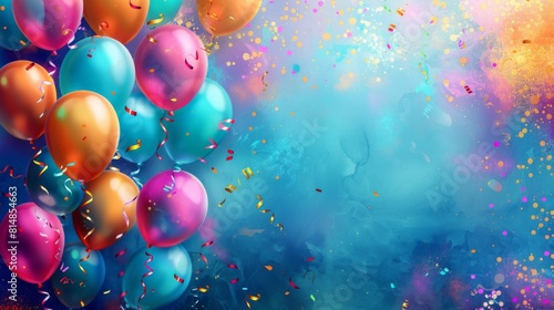 Colorful balloons and confetti create a festive display against a blue background