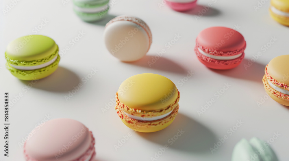 A delightful arrangement of colorful macarons, featuring a variety of flavors, artistically presented on a bright white surface. A delightful arrangement of colorful macarons, featuring a variety of flavors, artistically presented on a bright white surface.