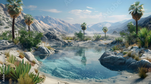 Desert Oasis Hot Springs: A Photo Realistic Haven for Wildlife and Spa Enthusiasts in a Stark Landscape