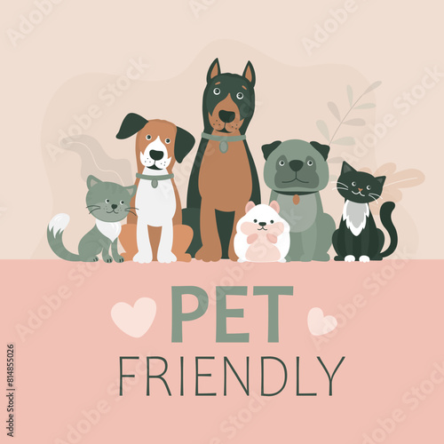 Adorable dogs, hamster and cats, pets friendly banner, sticker or label. Sign symbol of domestic pets allowed and accepted. Cute animals and poster with text
