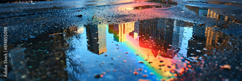 Downtown Rainbow Reflections: Colorful Urban Tapestry with Brilliant Rainbow Reflected in Puddles on City Streets   Photo Realistic Image
