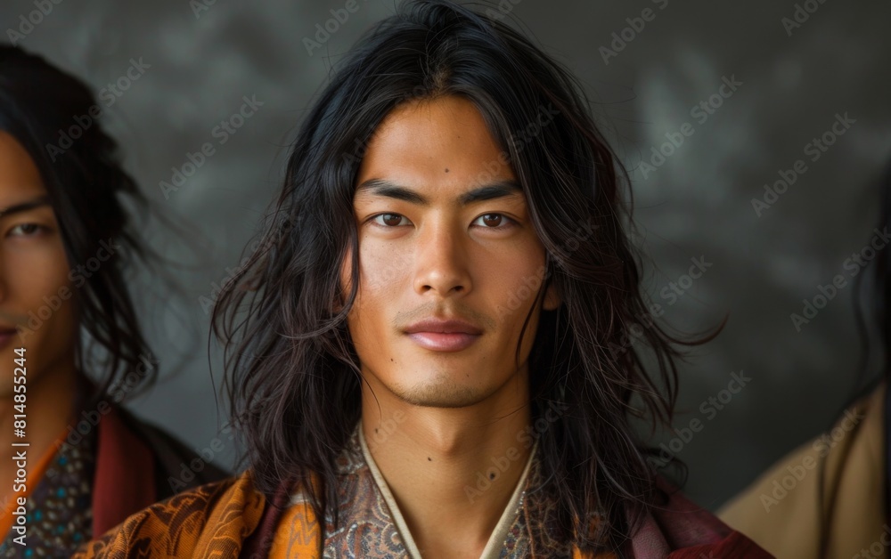 A man with long hair is standing in front of a wall. He is wearing a colorful outfit and has a serious expression on his face A man with long hair is standing in front of a wall. He is wearing a colorful outfit and has a serious expression on his face