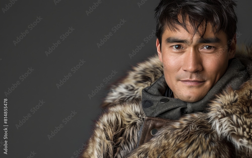 A man wearing a fur coat and a scarf. He has a serious expression on his face A man wearing a fur coat and a scarf. He has a serious expression on his face