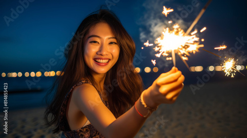 Asian woman holding a firework at the beach © LightoLife