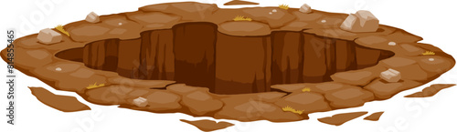 Dirty pit and burrow, deep ground hole. Isolated cartoon vector naturalistic gap surrounded by rugged brown earth, scattered rocks, and sparse vegetation, suggesting an untouched and wild terrain