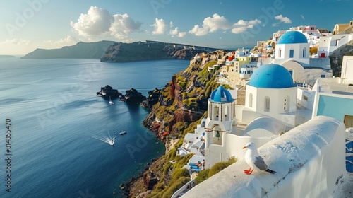 Aerial view of the Greek island of Santorini, with its white-washed houses and blue-domed churches perched on cliffs over