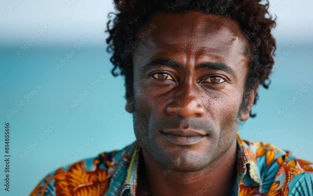 A man with curly hair stands on the shore, his gaze fixed on the vast expanse of the ocean before him A man with curly hair stands on the shore, his gaze fixed on the vast expanse of the ocean before him