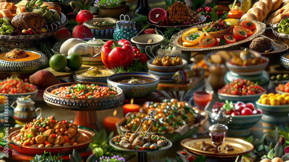 Eid Feast Celebration: Traditional Dishes and Festive Table Settings in Photo Realistic Tile Illustration   Adobe Stock Concept
