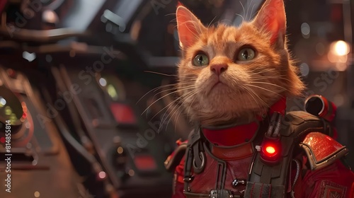 Cat in red uniform inside space ship
