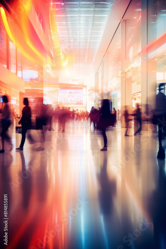 A blurred image of people walking in a shopping mall.