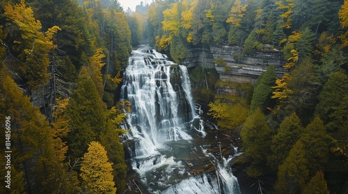 Aerial view of the Albion Falls in Ontario, Canada, a stunning cascade on the Niagara Escarpment, surrounded by lush fore photo