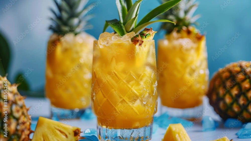 Close-up of a tropical-themed drink, specifically a pineapple cocktail, garnished with pineapple wedges and served in a diamond-patterned glass Close-up of a tropical-themed drink, specifically a pineapple cocktail, garnished with pineapple wedges and served in a diamond-patterned glass