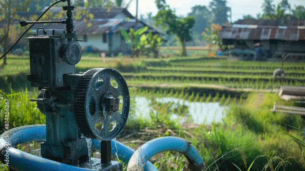 a rice paddy field, where an electric water pump sprays white rice water from a blue plastic pipe connected to the engine. a rice paddy field, where an electric water pump sprays white rice water from a blue plastic pipe connected to the engine.