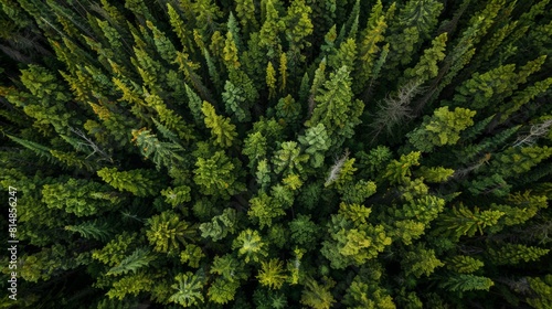 Aerial view of the Boreal Forest in Saskatchewan, Canada, an expansive natural area dominated by spruce and fir trees, su photo