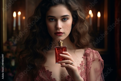 Captivating woman with curly hair holding a vintage perfume bottle, exuding elegance