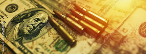 Bullets on dollar bills, concept of military assistance, Funding for crime, Military financial support, mercenary work in the army the war, Sale of weapons