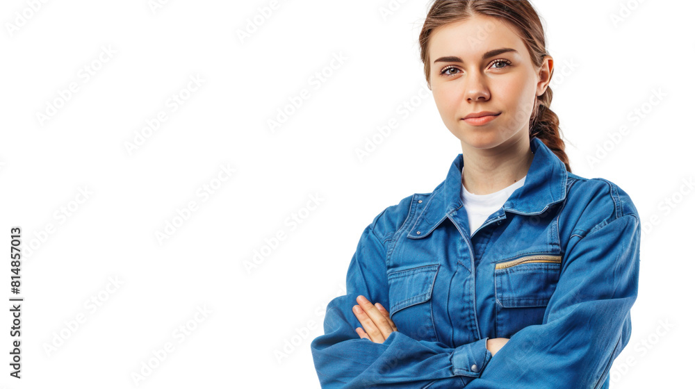 skillful woman technician in blue work clothes on transparent and white background.PNG image. skillful woman technician in blue work clothes on transparent and white background.PNG image.