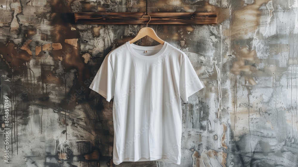 Naklejka premium A pristine white t-shirt mock-up hangs effortlessly on a rustic wooden hanger, showcasing its front view.