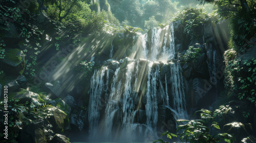  A secluded mountain waterfall oasis  cascading over intricately textured rocky cliffs  surrounded by lush greenery. 