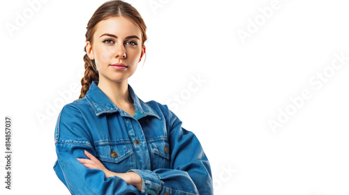 skillful woman technician in blue work clothes on transparent and white background.PNG image.