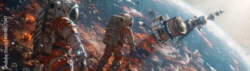 Astronauts in spacesuits float in the debris of a destroyed spaceship.