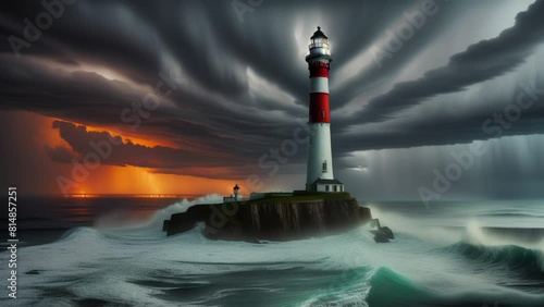 A lighthouse is on a rocky island in the middle of a stormy sea. The lighthouse is lit up, and the waves are crashing against the rocks. Scene is intense and dramatic, with the stormy sea