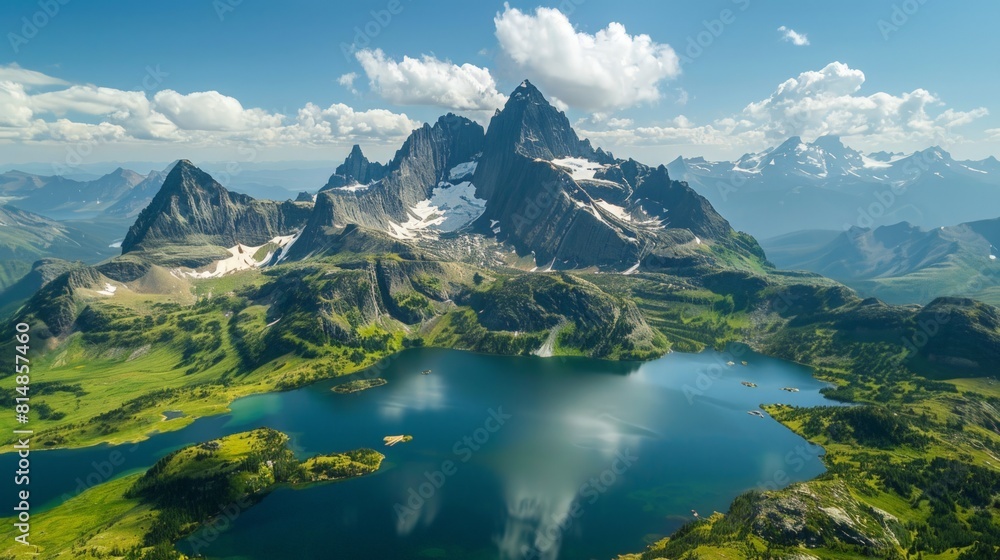 Aerial view of the Mount Assiniboine in British Columbia, Canada, a majestic peak often referred to as the 'Matterhorn of