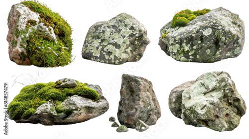 Set of natural moss-covered rocks and boulders isolated on transparent and white background.PNG image.